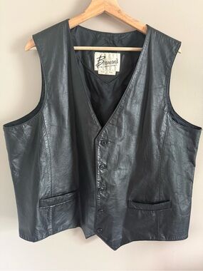 Vintage Berman's Black Leather Vest Button Biker Western Motorcycle Men's 50L